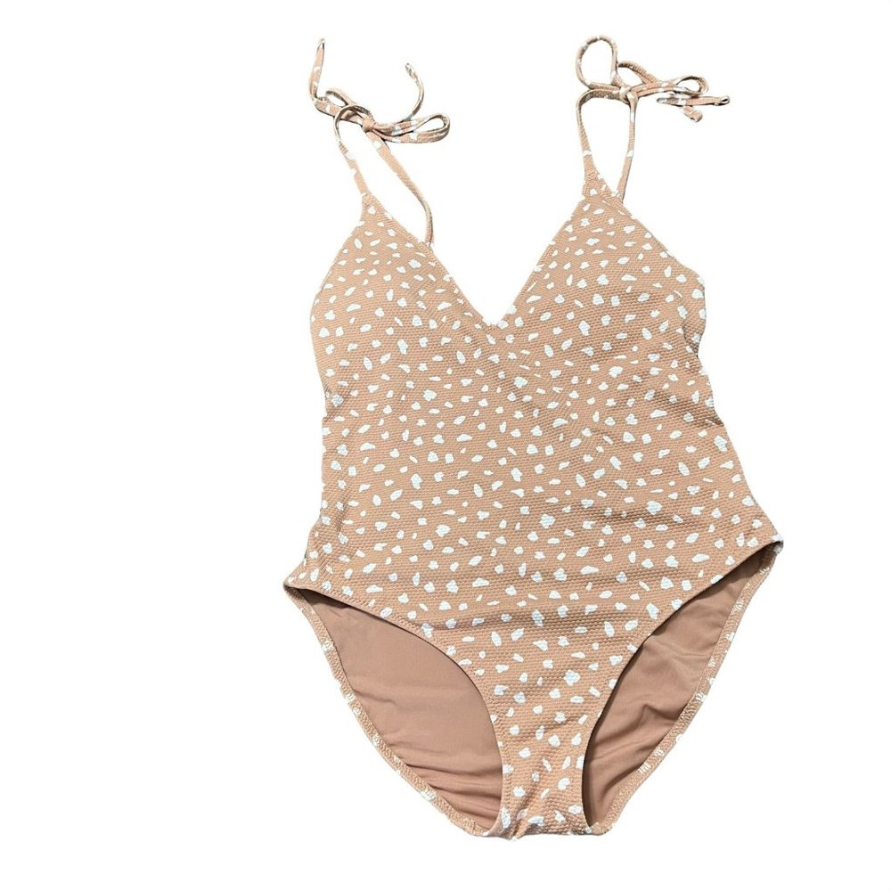 Aerie Nude Full Coverage Tie Straps Abstract Shapes One Piece Swimsuit Small